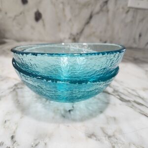 FIRE AND LIGHT 2 ART GLASS CEREAL BOWLS AQUA BLUE 6 INCHES ART GLASS